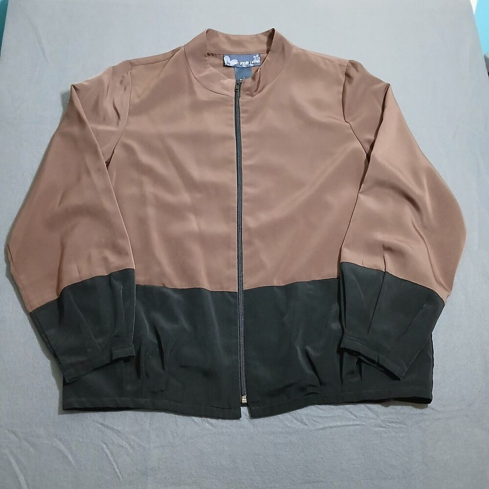 Susan Graver Style Windbreaker Jacket Women L Brown Black Full Zip